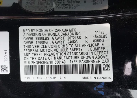 2024 Honda Civic Sport from USA, damaged, VIN 2HGFE2F57RH506140